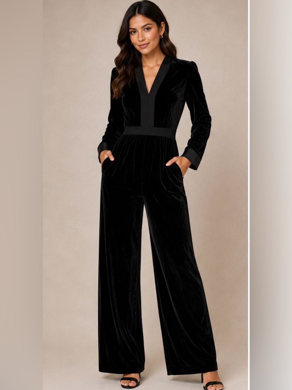 AmyEnjoyLife Black Velvet Long-Sleeve Wide-Leg Jumpsuit